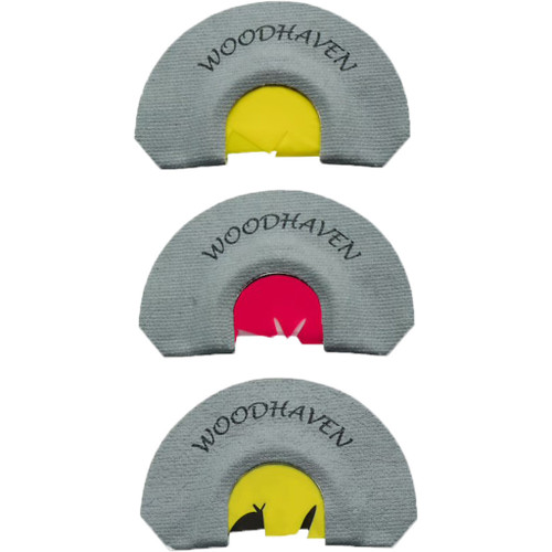 Woodhaven Premier 3 Pack Mouth Call, set of three diaphragm turkey hunting calls in yellow and red colors with gray borders.