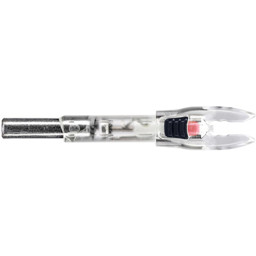 Nockturnal Shift Universal Easy Off Nock System Red 3 Pk, close-up of a transparent arrow nock with red and black features.