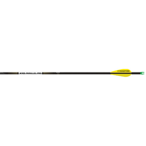 Easton X10 Parallel Pro Arrows 340 Aae Hybrid 26 Vanes 6 Pk, archery arrow with black shaft, yellow vanes, and green tip.