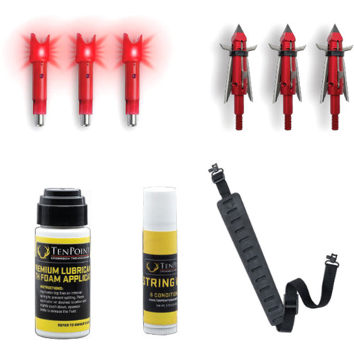 Tenpoint Accessory Kit, image shows red fettling and broadhead arrows, lubricant spray, string wax, and a strap for crossbow maintenance.