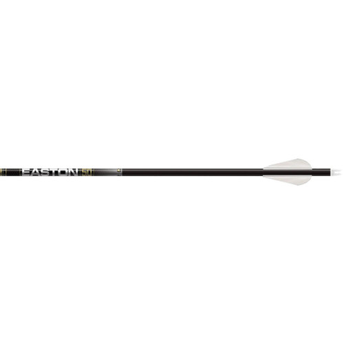 Easton 5.0 Arrows With Half Outs 250 6 Pk, a set of six black arrows with white half-out vanes and a durable shaft suitable for archery.