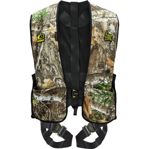 Hunter Safety System Treestalker Harness with Elimishield Realtree Large/X-Large, camouflage tree stand safety harness with adjustable straps and safety buckles.