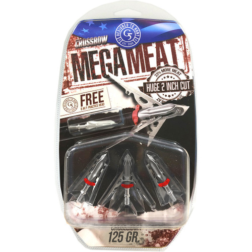 G5 Outdoors G5 Mega Meat Crossbow Broadheads 125 Gr. 3 Pk, three mechanical broadheads with sharp blades and red rubber collars in blister pack.