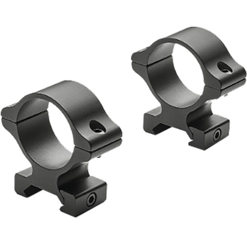Leupold Rifleman Scope Rings 30mm Detachable Rings High Matte Black, two black scope rings with mounting hardware for rifles.