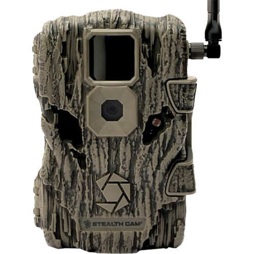 Stealth Cam Fusion X Cellular Camera Verizon, camouflage wildlife trail camera with a rugged exterior, large lens, and LCD screen for outdoor animal monitoring.