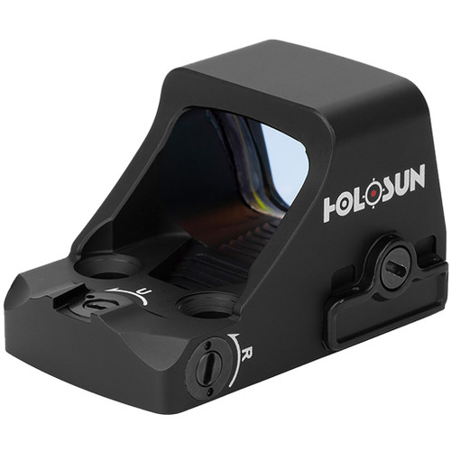 Holosun He407k-gr-x2 Reflex Sight Green Dot 6moa, close-up image of a compact black reflex sight with a green reticle, designed for firearm targeting.