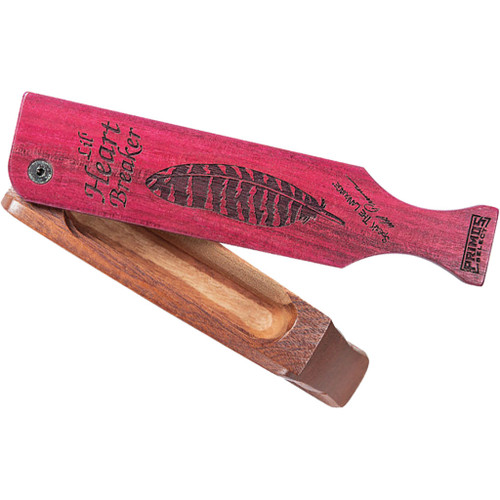 Primos Lil Heartbreaker Box Call, pink wooden turkey call with feather illustration and black text for hunting games.