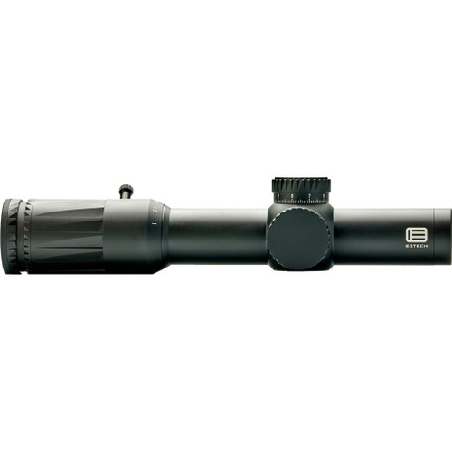Eotech Vudu FFP Rifle Scope Black 1-10x28mm SR5 Reticle MRAD, black first focal plane rifle scope shown in side profile with adjustable magnification ring and elevation turret on a white background.