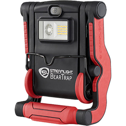 Streamlight Beartrap Light 2000 Lumens, portable LED work light with a powerful 2000 lumens output, durable black and red design, adjustable handle, and integrated LED flashlight for construction or workshop use.