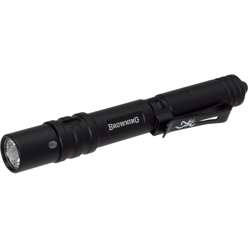 Browning Microblast Usb Flashlight Black 160 Lumens, compact black flashlight with USB charging port, clip, and LED light.