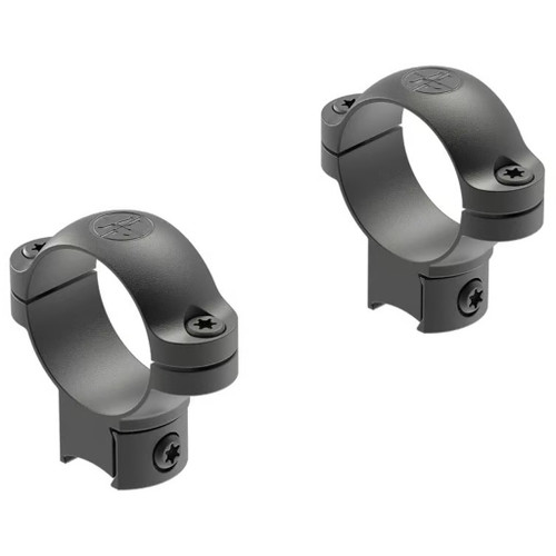 Leupold Open Range Rimfire Scope Rings 1 Inch 3/8 High Aluminum, two black scope rings with screw mounts designed for mounting on rifles.
