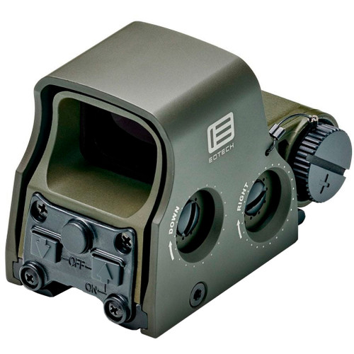 EOTech XPS2-0 Holographic Red Dot Sight ODG 68 MOA Ring with 1 MOA Dot Red Reticle, CR123, olive drab green optic shown at an angle with its viewing window, side adjustment controls, and rear battery cap visible