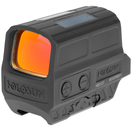 Holosun HE512T Enclosed Titanium Reflex Sight Red Multi-reticle, black compact sight with orange-tinted lens and solar panel on top.