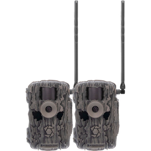 Stealth Cam Fusion Max Cellular Camera 36 MP AT&T/Verizon, rugged trail camera with dual antenna for cellular connectivity and camouflage design for outdoor wildlife monitoring.