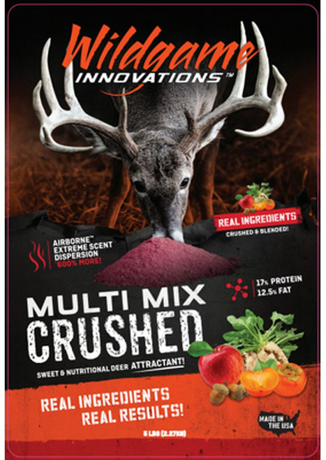 Wildgame Innovations Wildgame Trail Mix Crushed Attractant 5 Lb., product packaging featuring a deer with large antlers and a photo of the crushed trail mix with fruits and vegetables.