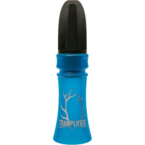 Primos Tramplifier Open Reed Elk Call Long Range, blue elk call with black mouthpiece and tree graphic design.