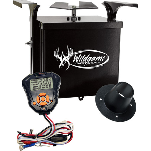 Wildgame Innovation Wildgame Digital Feeder Kit 6 Volt, black electronic game feeder with digital control panel, remote control, and mounting accessories for wildlife feed distribution.
