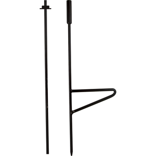 Primos Ground Breaker Turkey Decoy Stake, black metal decoy stake with a support arm and pointed end for ground placement.