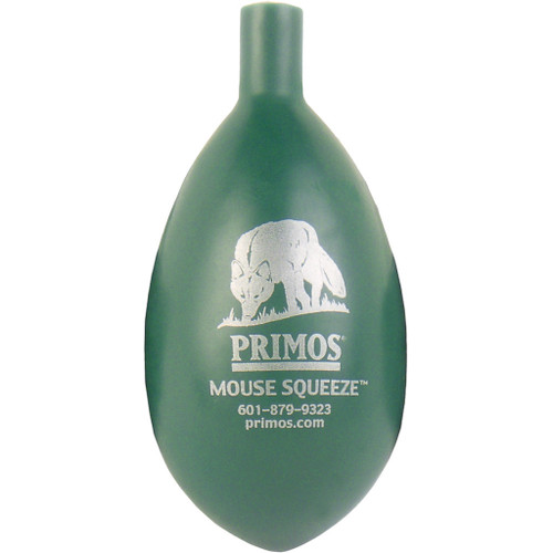 Primos Mouse Squeeze Varmint Call, green squeeze toy with logo and contact information