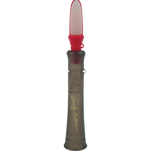 Primos Hot Dog Coyote Call, portable hunting call device with a red and black handle for coyote hunting.