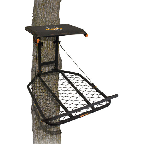 Muddy Outdoors Muddy Boss Hang On Stand, black hanging ladder tree stand with a mesh seat and platform for hunting.
