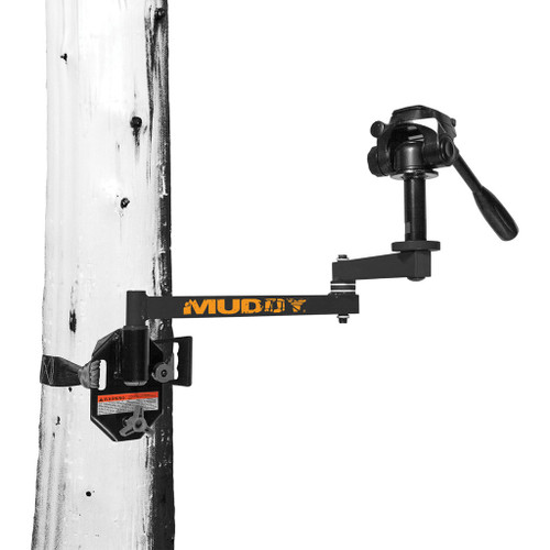 Muddy Outdoors Muddy Hunt Hard Camera Arm, black adjustable hunting camera mount attached to a wooden post for secure positioning.