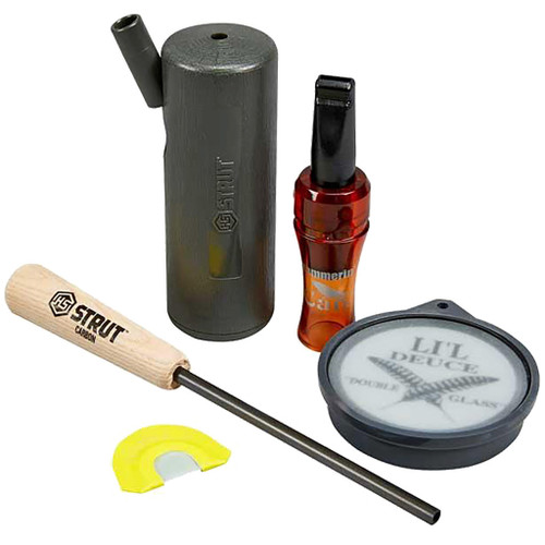Hunters Specialties Super Strut Combo, hunting scent control products including a carbon scent eliminator bottle, a small spray bottle, a scent control stamp, and a round scent attractant.