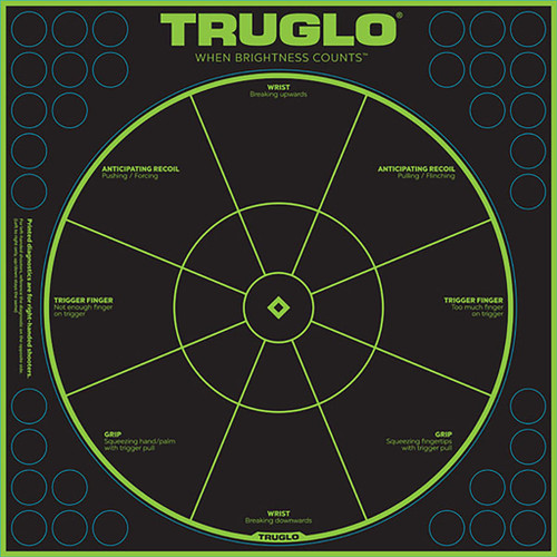 Truglo Trusee Splatter Handgun Diagnostic Target Green 12x12 6 Pack, shooting target with concentric circles and labels for aiming and shooting practice.