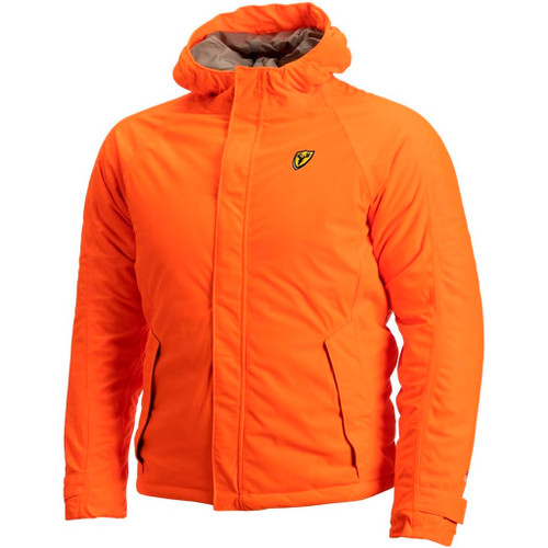 Blocker Outdoors Blocker Drencher Insulated Jacket Blaze Orange Large, bright orange insulated jacket with hood, front zipper closure, and side pockets for outdoor weather protection.