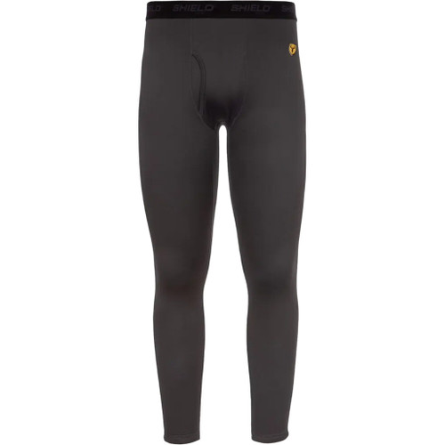 Blocker Outdoors Blocker Koretec Heavy Weight Bottom Charcoal Large, close-up view of men's black thermal long johns with a yellow logo on the waistband.