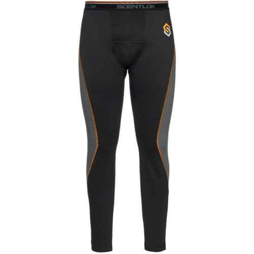 Scent-lok Climafleece Baseslayer Bottom Black Medium, close-up view of men's thermal leggings with black and gray design, featuring orange seams and brand logo.