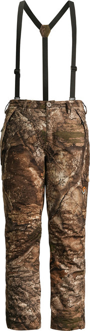 Scent-lok Morphic V2 Waterproof Pant Rt Apx Large, camouflage waterproof hunting pants with suspenders and a forest camouflage pattern.