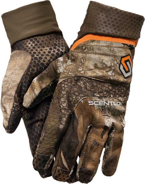 Scent-lok Lightweight Shooter Glove Rt Apx Medium, camouflage hunting gloves with honeycomb-textured grip and stretch fabric cuffs.