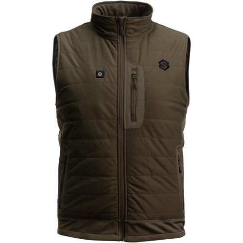 Scent-lok Scentlok Be:1 Reactor Puffy Heated Vest Loden X-large, olive green sleeveless heated vest with front zip, chest pocket and logo patches.