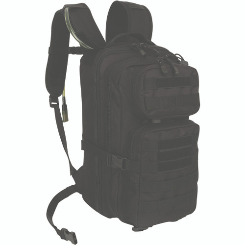 Fieldline Surge Hydration Pack Black, rugged tactical backpack with multiple storage compartments, adjustable padded straps, and hydration bladder hose