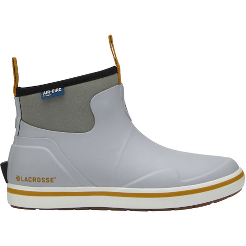 Lacrosse Women's Alpha Deck Boot Wild Dove Size 9, stylish waterproof footwear for women with a gray upper, black collar, and orange accents.