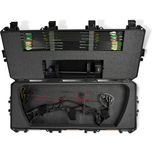 Pelican Parallel Limb Bow Case Black, open hard protective case with foam interior containing a compound bow and arrows for safe storage and transport.
