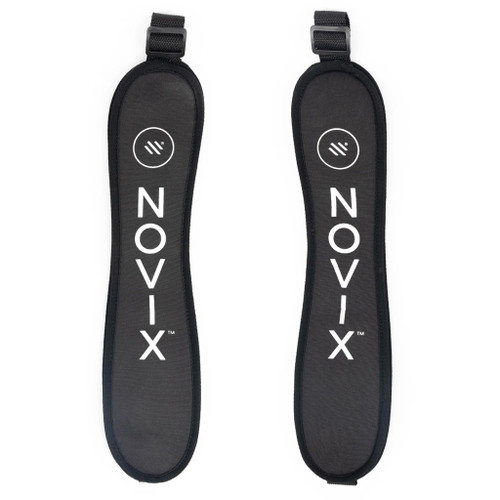Novix Padded Backpack Straps, black padded straps with adjustable sliders and white branding logo.