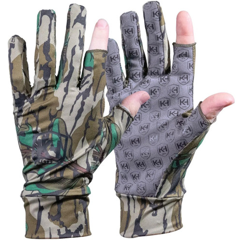 Knight And Hale Run N Gun Gloves M.o Greenleaf, camouflage hunting gloves with gray and green accents and secure fit design.