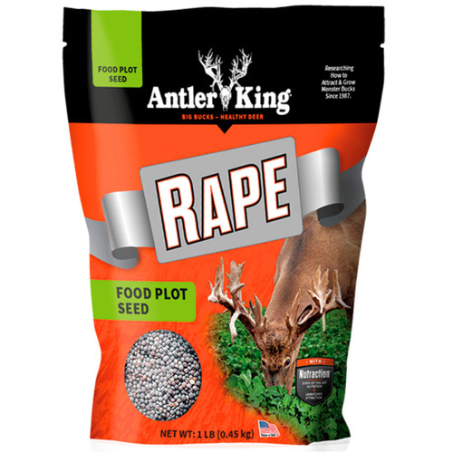 Antler King Rapeseed 1/4 Acre, food plot seed bag with image of deer and rapeseed plants.