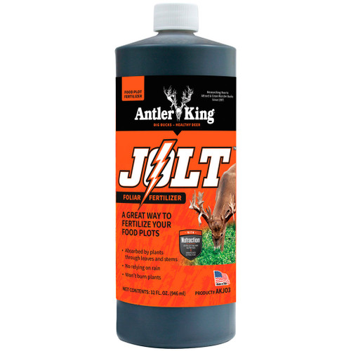 Antler King Jolt Liquid Fertilizer 32 Oz., orange and black bottle label with deer image and bold logo.