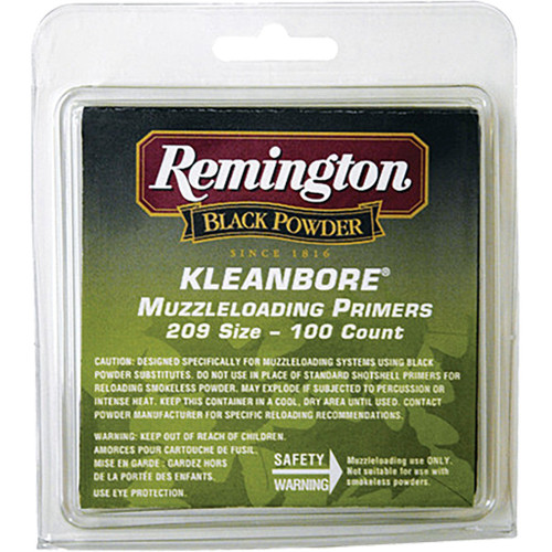 Remington Kleanbore Muzzleloading Primers 209 Primer 100 Pk, product packaging with brand and product details for black powder muzzleloading system.