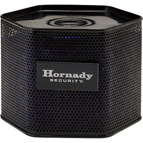 Hornady Canister Dehumidifier, black square-shaped dehumidifier with perforated design and Hornady Security logo on the front.