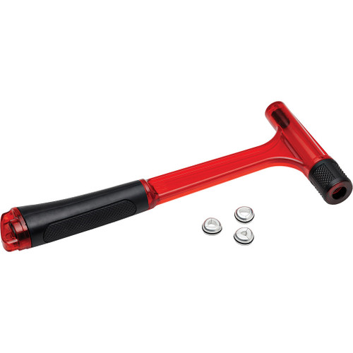 Hornady LNL Impact Bullet Puller, red and black handheld tool with rubber grip and three metal puller adapters.