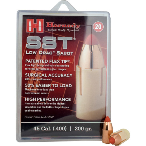 Hornady Muzzleloading Sabots With Bullets 45 Cal. 200 Gr. SST Low Drag 20 Rd, close-up of the packaging with two bullets in front.