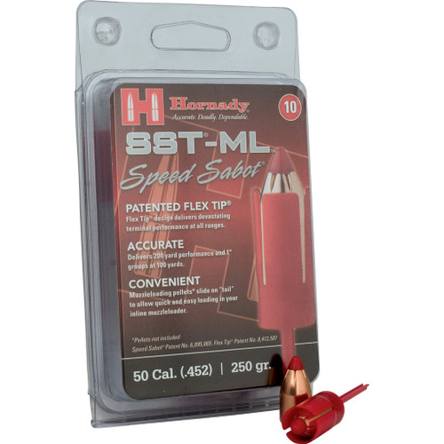 Hornady Muzzleloading Sabots With Bullets 50 Cal. Lock-n-load 250 Gr. Sst Speed Sabot 10 Rd. - Close-up of a box of 50 caliber muzzleloading sabots and bullets with a single sabot and bullet in front.