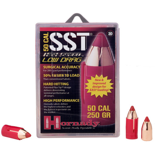 Hornady Muzzleloading Sabots With Bullets 50 Cal. 250 Gr. SST Low Drag, product image showing a box of 20 sabots with bullets and three individual sabots in the foreground.