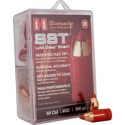 Hornady Muzzleloading Sabots With Bullets 50 Cal, 300 Gr. SST Low Drag 20 Rd. - close-up of box with bullets.