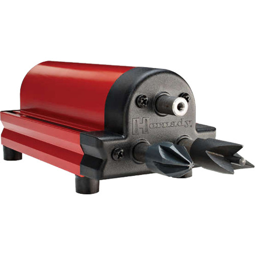 Hornady Lock-n-load Case Prep Trio, a compact reloading tool with a black and red body featuring multiple adjustable components for case preparation.