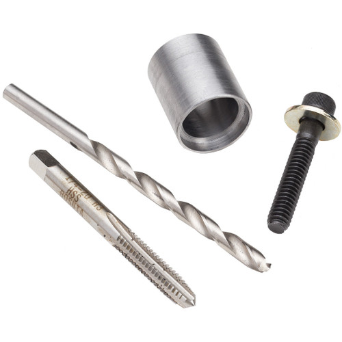 Hornady Stuck Case Remover, metal tools including a hollow cylindrical piece, a drill bit, a pin, and a screw with a washer for removing stuck cases from firearms.